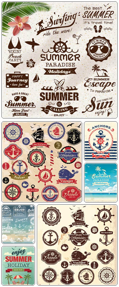 Vintage summer design with labels, icons elements collection  - vector stock