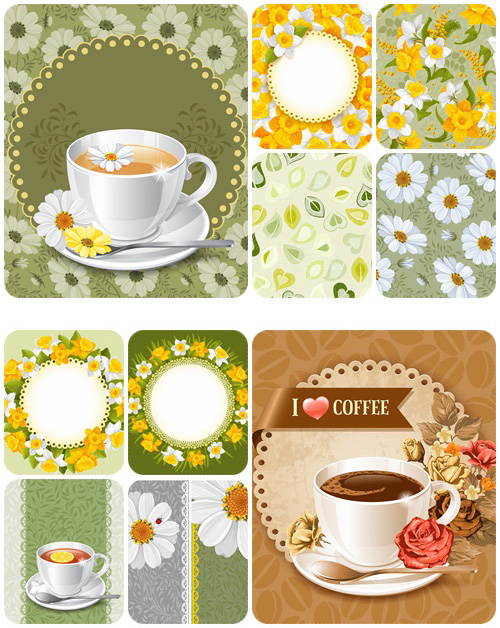 Spring tea time and floral background - vector stock